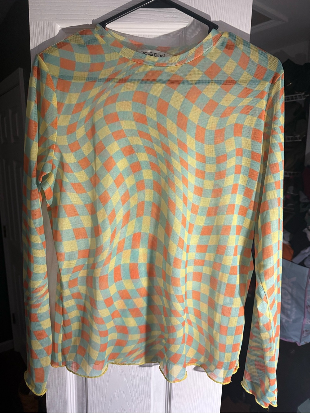 Davis and Dani Checker Print Long Sleeve Top - Mint & Peach size medium